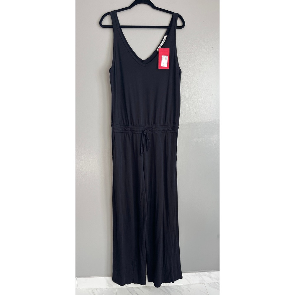 Michael Stars Jumpsuit Womens L Black V Neck Drawstring Wide Leg Minimalist NWT